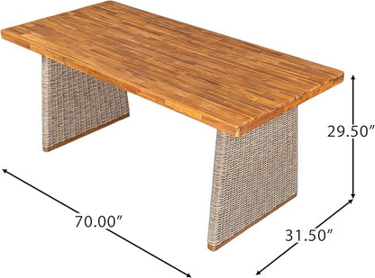 Christopher Knight Home Pasco Acacia Wood Outdoor Dining Table Set for 6, Wicker Patio Dining Set with Acacia Wood Table and Bench, Patio Table and Chair Set with Cushion+Rope Backrest,Brown+Teak+Grey
