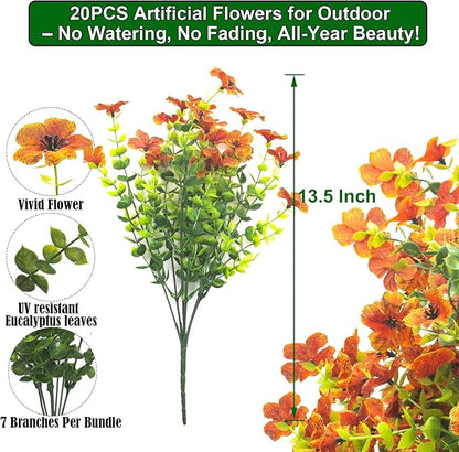 20 Bundles Artificial Flowers for Outdoors, UV Resistant Fake Plants Flowers Greenery Shrubs Plants for Decoration Outside Plants Hanging Planter Home Garden Decor (Orange)