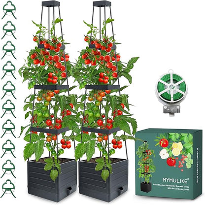 2 Pack Raised Garden Bed Planter Box with Trellis, 58” Tomato Cage Planter Raised Garden Bed with Trellis for Climbing Vegetables Plants Tomato Cage w/Self-Watering, Indoor Outdoor Use