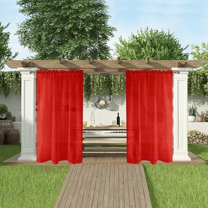 SpaceDresser Waterproof Outdoor Sheer Curtains for Patio - 4 Panels Rod Pocket Indoor Voile Sheer Curtain for Living Room,52W x 108L inch, Red