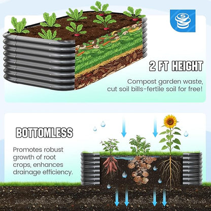 Quictent Galvanized Raised Garden Bed Kit, 8x4x2 ft Oval Metal Planter Box Tall for Vegetables Outdoor Backyard, Strengthened by Crossbar, Dark Gray