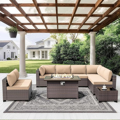 ALAULM 10 Pieces Patio Furniture Set with Propane Fire Pit Table Outdoor Sectional Sofas Patio Conversation Sets 43" Gas Fire Pit Brown PE Rattan Wicker w/8 Seat Cushions-Sand