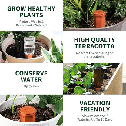Large Terracotta Watering Spikes with Lids, Automatic Plant Waterer Outdoor | Indoor, Vacation Friendly Clay Plant Watering Devices System, Slow Release Self Watering Planter Insert, 4 Pack