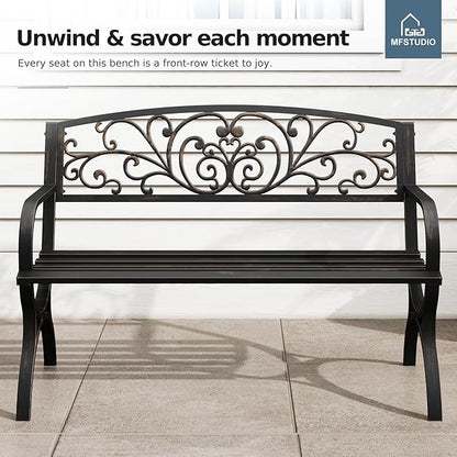 MFSTUDIO 50 Inches Outdoor Garden Bench, Cast Iron Metal Frame Patio Park Bench with Floral Pattern Backrest, Arch Legs for Porch, Lawn, Yard-Bronze