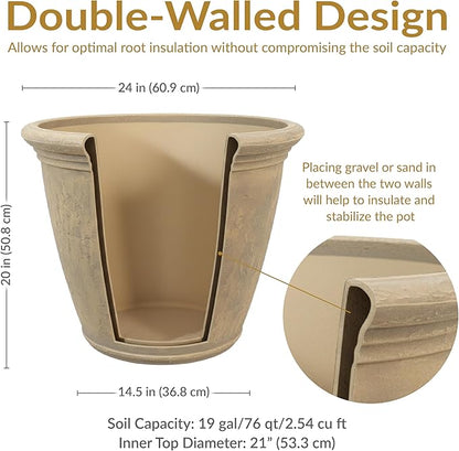 Sunnydaze 24-Inch Anjelica Large Plastic Pot for Plants - Outdoor Double-Walled Large Plastic Planter with Drillable Drainage Holes - Beige - 2pk