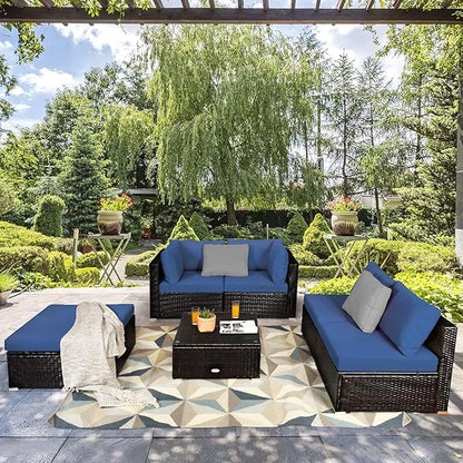 Tangkula 6 Piece Patio Furniture Set, Outdoor Deck Lawn Backyard Durable Steel Frame PE Rattan Wicker Sectional Sofa Set, Conversation Set with Coffee Table (Navy)