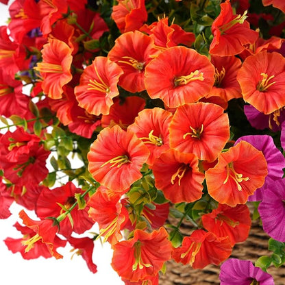 Artificial Flowers for Outdoors, UV Resistant Fake Silk Morning Glory, Realistic Faux Plants for Outside Porch Patio Window Box Hanging Planter (16, Orange Yellow)