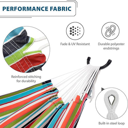 Vivere Double Sunbrella Hammock with Space-Saving Steel Stand, Heavy-Duty Portable Outdoor Hammock Set for Backyard, Patio, or Travel, Confetti
