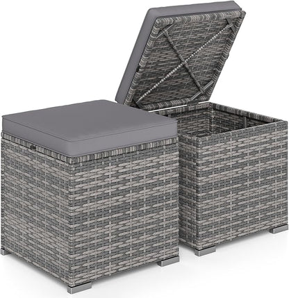 RELAX4LIFE Wicker Outdoor Storage Ottoman - 2-Piece Rattan Footstool w/Removable Cushion, Multipurpose Footrest Foot Stool Seating, Set of 2 Outdoor Ottomans for Patio Deck (Mix Grey-Grey)