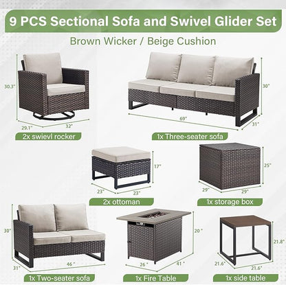 Belord Outdoor Sectional Sofa with 41" Propane Fire Pit Table - 9 Piece Patio Conversation Set with Storage Box and Swivel Rocker Chairs All-Weather PE Wicker Furniture Set Brown