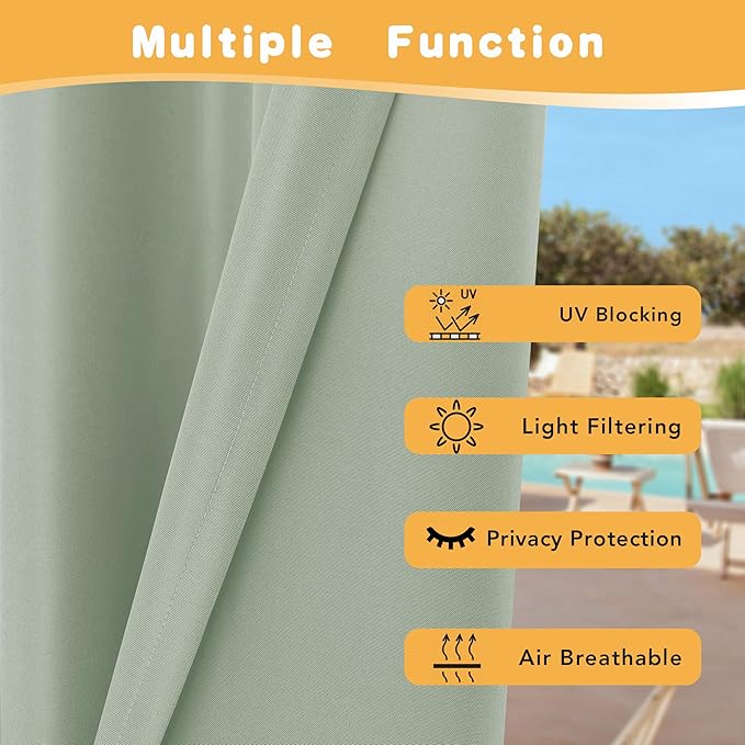 HolidayIdeas Outdoor Curtains for Patio Waterproof, 4 Panels - 54 x 108 Inch - Privacy Protection & Light Filtering Curtains Grommet Outside Curtains for Porch, Backyard (Sage Green)