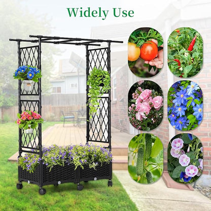 Planter Box with Trellis Outdoor, 53.1in Plastic Raised Garden Bed with Trellis Hanging Roof for Vine Flower, with Lockable Wheels & Drain Plug for Patio Backyard Balcony, Black, 1 Pc