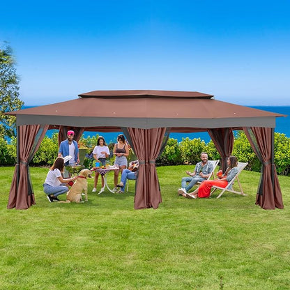 COBIZI Gazebo 12x20 Heavy Duty Gazebos with Curtain and Netting Outdoor Gazebo Canopy Double Roof Patio Gazebos with Metal Steel Frame for Patio, Deck, Backyard-Brown