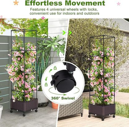 Giantex Raised Garden Bed with Tomato Cages, 67” Adjustable Height, Self Watering Planter Garden Box with Wheels, Trellis for Climbing Plants Vegetable Flower
