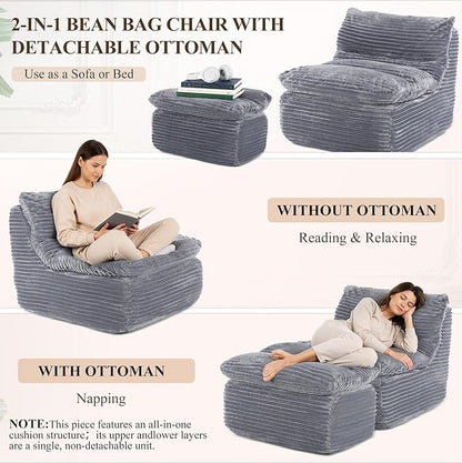 Boneless Chaise Lounge Chair Indoor, Adult Bean Bag Chair with Compressed Memory Foam, Comfy Back Support Sofa Bed Couch for Living Room Bedroom Office Apartment, No Assembly