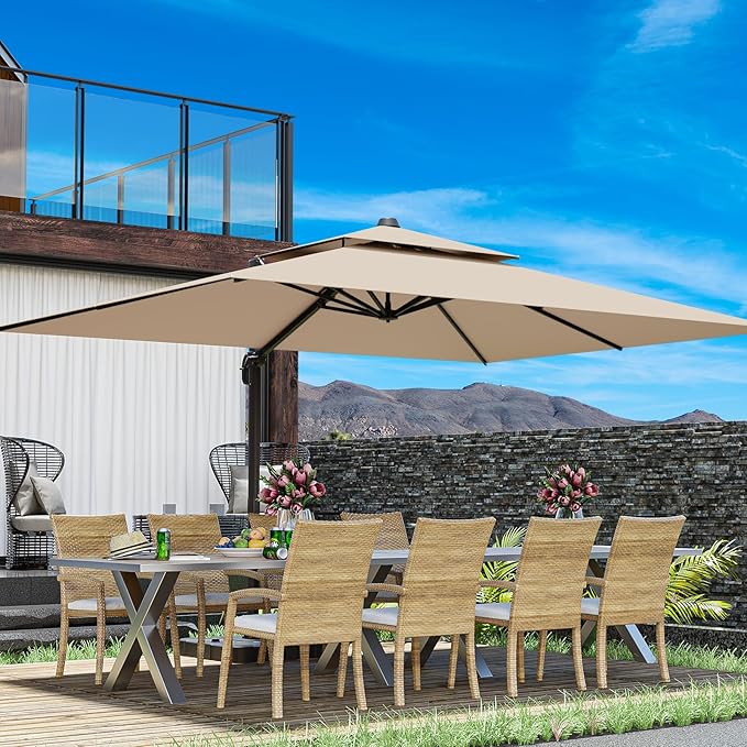 10x13FT Cantilever Outdoor Patio Umbrellas, Double Top Large Rectangle Umbrella, Heavy Duty 360° Rotation Offset Outdoor Sun Shade Umbrella for Garden Deck Pool Backyard Patio, Beige