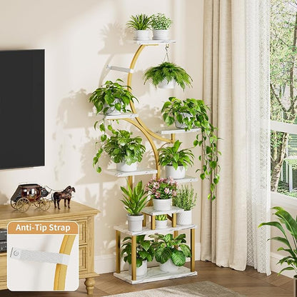 Plant Stand Indoor with Grow Lights - 62" Tall Plant Shelf, Lighted Corner Plant Stands for Indoor Growing, 8 Tiered Large Flower Holder, S-Shaped Plants Rack for Living Room, Bedroom, Faux Marble