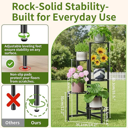 Plant Stand Indoor Outdoor, 5 Tier Corner Metal Flower Display Holder Stand, Folding Tall Plant Rack for Patio Balcony Porch Garden Living Room House, Heavy Duty Wrought Iron Plant Shelf - BlackS
