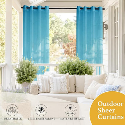 RYB HOME Outdoor Sheer Curtains Waterproof for Patio, Linen Look Semi Transparent Airy Drapes Sun Light Filter for Cabana Pavilion Balcony, 54 inch Wide by 96 inch Long, 2 Pcs, Teal
