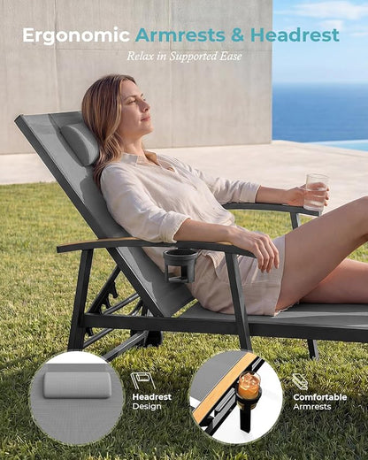 Ciokea Outdoor Lounge Chair with Pillow Set of 4, 5-Position Chaise Lounge with Wheels & Armrests, 400 lbs Heavy Duty Aluminum Pool Lounge Chairs, for Beach, Deck, Poolside & Backyard, Grey