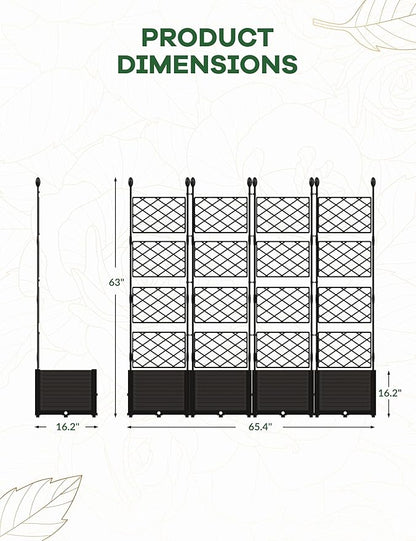 4 PCS Raised Garden Bed with Trellis, 65" LX16 WX63 H Plastic Planter Box for Climbing Plants, Outdoor Vertical Garden with Privacy Screen for Patio, Balcony, Backyard – Sturdy & Lightweight
