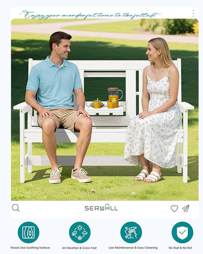 SERWALL Outdoor Bench with Cup Holder, 58" HDPE Garden Park Bench Suitable for 3 Person, All Weather Patio Benches with High Backrest and Wide Armrests for Garden, Park, Yard, Front Porch, White