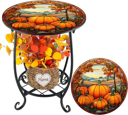 Outdoor Side Table Round Small Mosaic Patio Accent Indoor End Plant Coffee Tea Table for Yard Patio Porch Garden Living Room, Bedroom(Pumpkin Style,14 Inch)
