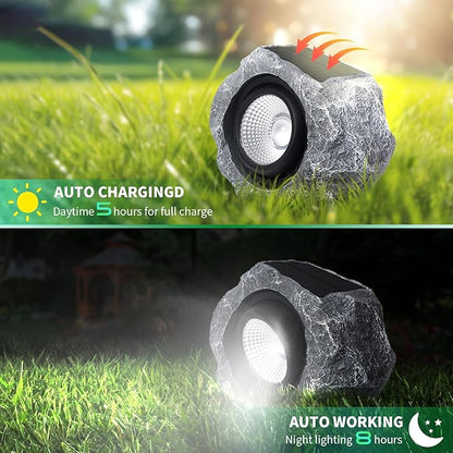 Solar Rock Lights Outdoor, Angle Adjustable Solar Lights Outdoor Waterproof, LED Solar Garden Lights, Auto On/Off Landscape Lighting for Yard, Pathway, Patio, Flower Bed - White Glow (Stone Gray)