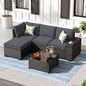 Jing's Villa 5-Piece Patio Furniture Set, All-Weather Outdoor Wicker Sectional Sofa with Cushions, Tempered Glass Table & Ottoman, Rattan Conversation Seating for Porch, Garden, Backyard,Grey