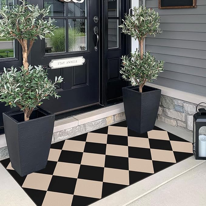 Outdoor Rug Black Checkered Non-Slip Door Mat, 2 x 4.3 Ft