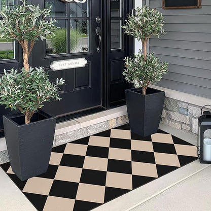 Outdoor Rug Black Checkered Non-Slip Door Mat, 2 x 4.3 Ft