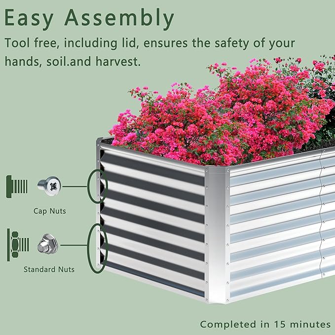 8x4x2FT Galvanized Raised Garden Bed,Planter Raised Beds-Metal Garden Box,Large Plant for Outdoor Planting, Vegetables Bed，Flower,herb-Silver