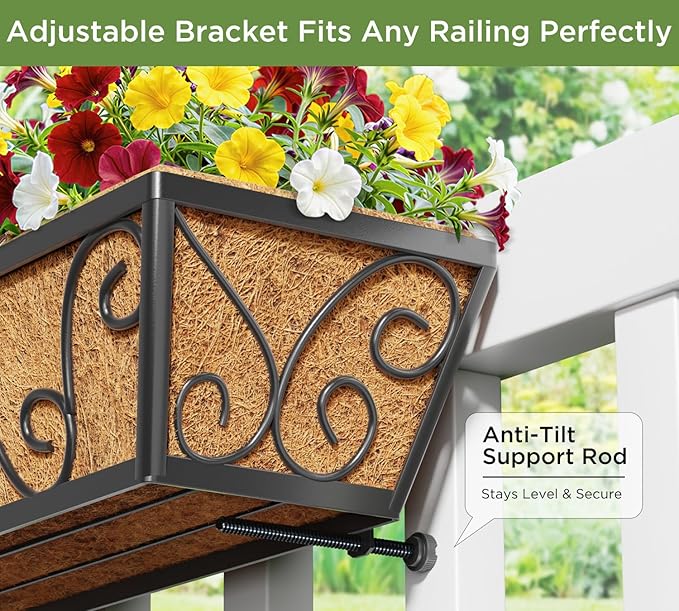 Y&M 24 Inch Window Deck with Coco Liner, Fence Metal Hanging Flower Planter Window Basket Deck Railing Planter Boxes for Outdoor Garden Lawn-Butterfly,4pcs