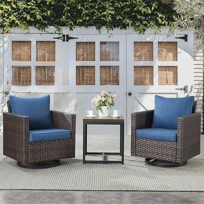 Belord Outdoor Bistro Set 3 Piece Wicker Swivel Rocker Patio Chairs, Oversize Outdoor Rattan Seating Set, Patio Swivel Glider Chairs Wicker Furniture with Metal Side Table for Porch Backyard, Brown