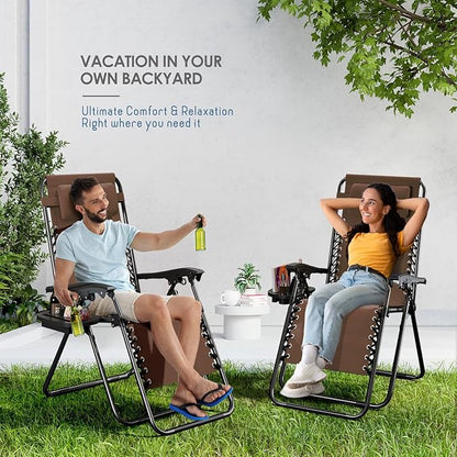Nestl Zero Gravity Chairs Set of 2, Patio Lounge Chair Outdoor with Pillows & Cup Holder Trays, Adjustable Steel Mesh Reclining Camping Chair, Folding Patio Lawn Chair for Deck, Beach, Yard - Brown