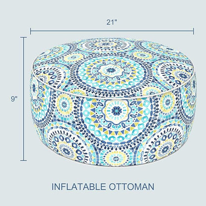 LVTXIII Indoor/Outdoor Inflatable Ottoman with Handle D21 x H9 Inch, Weather-Resistant Round Footstool Pouf for Patio Camping Living Room, Portable Footrest Extra Seating, Delancey Lagoon