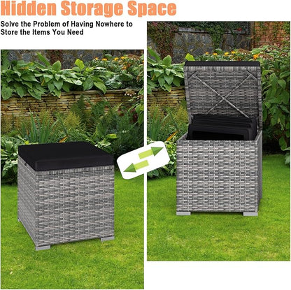 RELAX4LIFE Wicker Outdoor Storage Ottoman - 2-Piece Rattan Footstool w/Removable Cushion, Multipurpose Footrest Foot Stool Seating, Set of 2 Outdoor Ottomans for Patio Deck (Mix Grey-Black)