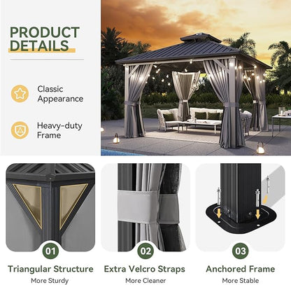 Aoxun 12'x12' Hardtop Gazebo, Aluminum Frame Canopy with Double Galvanized Steel Roof, Outdoor Metal Pavilion with Netting, Curtains for Backyard, Patio and Deck