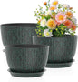 12/10/9 inch Large Plant Pots, 3 Pack Wide Flower Pots for Outdoor Indoor Plants, Water Ripples Plastic Planters with Drainage Holes and Saucers for Garden House, Black with Green Speckles