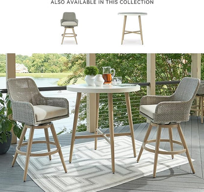Signature Design by Ashley Seton Creek Casual Weather Resistant 360-Degree Swivel 31.75" Outdoor Bar Height StainlessBar Stool with Cushion, Set of 2, Beige & Light Gray