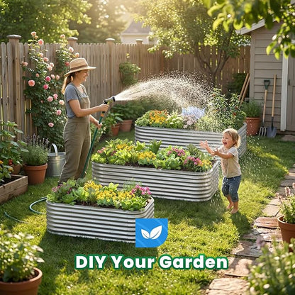Quictent Raised Garden Bed Kit Oval Galvanized Metal Planter Box Tall for Vegetables Outdoor Backyard, Strengthened by Crossbar, Silver 8x4x1.5 ft
