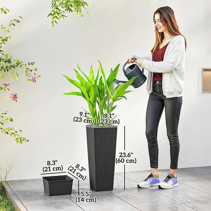 Outsunny 23.6 Inch Tall Planters for Outdoor Plants, Set of 2 Plastic Rattan-Like Flower Pots with Drainage Holes, Stackable Tapered Planters for Indoor Plants, Front Porch, Black