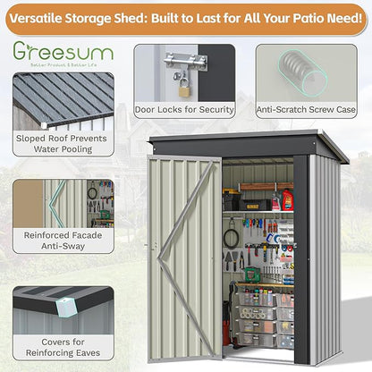 Greesum 5×3 FT Outdoor Storage Shed, Metal Storaged Sheds Without Floor, Tool Sheds with Lockable Doors and Sloping Roof for Garden, Patio, Backyard, White
