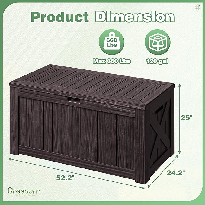 Deck Box 120 Gallon Outdoor Storage Bin with Lid, Dark Brown Resin