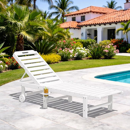 SERWALL Outdoor Chaise Lounge Chair, Pool Lounge Chair with 5 Positions Adjustable Backrest, HDPE Lounger with Rolling Wheels & Cup Holder for Poolside, Beach, Garden, White