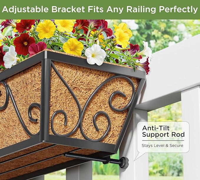Y&M 30 Inch Butterfly Window Deck with Coco Liner, Fence Metal Hanging Flower Planter Window Basket Deck Railing Planter Boxes for Outdoor Garden Lawn 6pcs