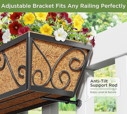 Y&M 30 Inch Butterfly Window Deck with Coco Liner, Fence Metal Hanging Flower Planter Window Basket Deck Railing Planter Boxes for Outdoor Garden Lawn 2pcs