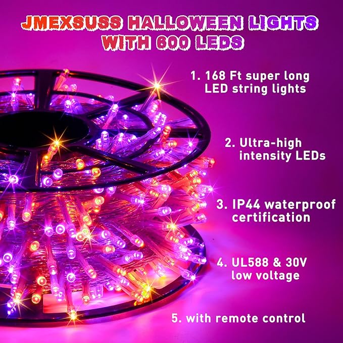 String Lights, 600 LED Orange and Purple with 8 Modes for Halloween
