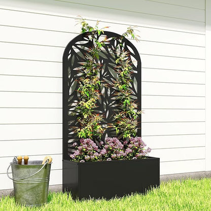 Outsunny Metal Raised Garden Bed with Trellis for Climbing Plants, Freestanding or Wall Mounted Flower Bed with Cueved Privacy Panel, Leaves Cut-Out Outdoor Planter Box for Garden, Patio, Balcony