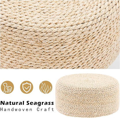 Cpintltr Ottoman Natural Seagrass Footrest Poufs Hand Weave Round Foot Stool for Couch Desk Soft Step Stool Padded Foot Rest with Pine Legs for Living Room Bedroom (Natural White)